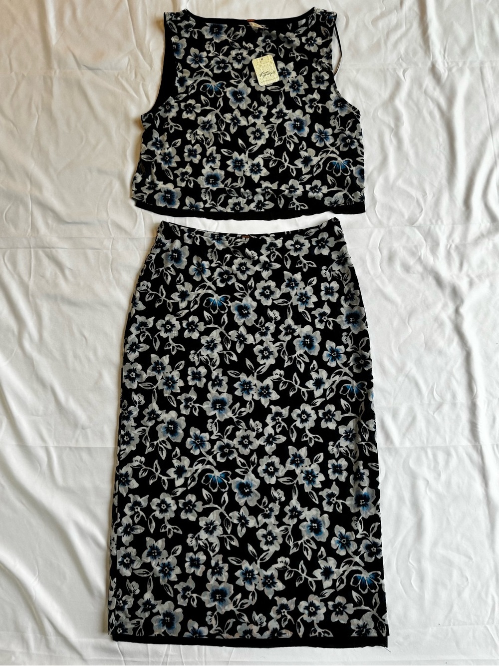 NWT Free People Floral Black Two-Piece Midi Skirt Set Black/Blue Floral Size M